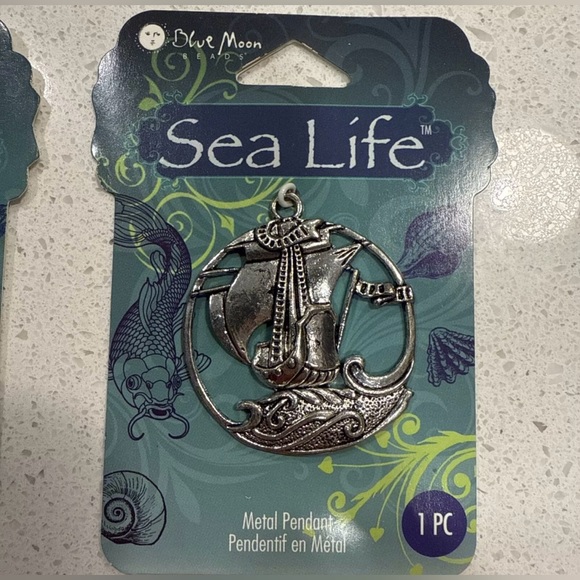 2pc Nautical Bronze Whale & Silver Boat Craft Metal Pendant Blue Moon Seal Life - Picture 4 of 7